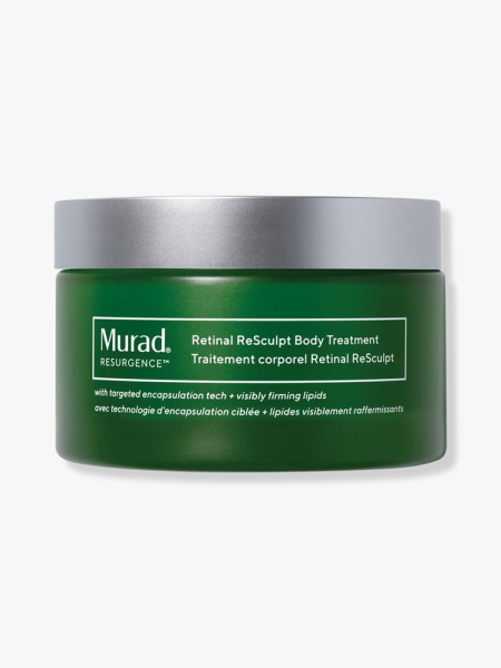 Murad Retinal ReSculpt Body Treatment green jar with silver lid on light gray background